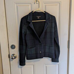 Tahari Navy Blue & Pine Green Tartan Plaid Knit Blazer Sweater Jacket Medium